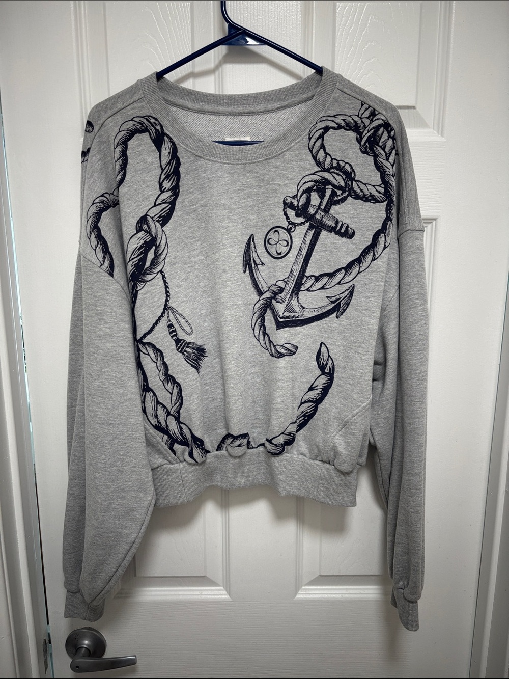 Mauve BrandGray Pullover Sweater with Navy Anchor & Rope Motif slightly cropped